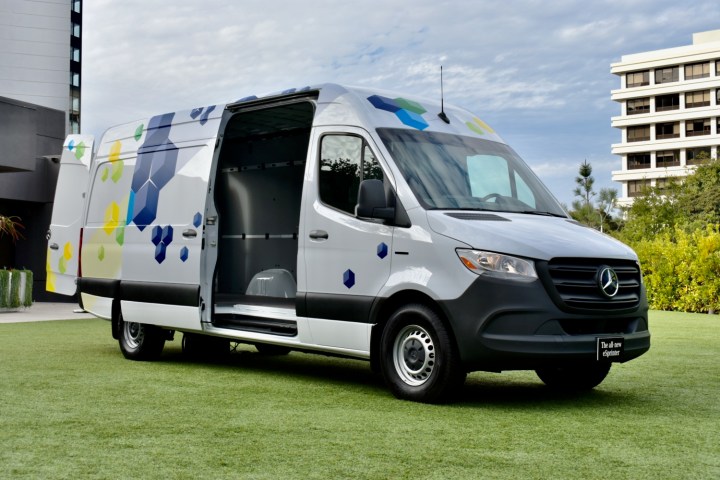 Front three quarter view of a 2024 Mercedes-Benz eSprinter electric van.