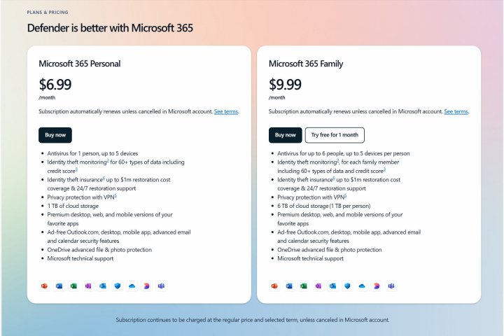 Microsoft 365 Personal and Family subscriptions include Defender.