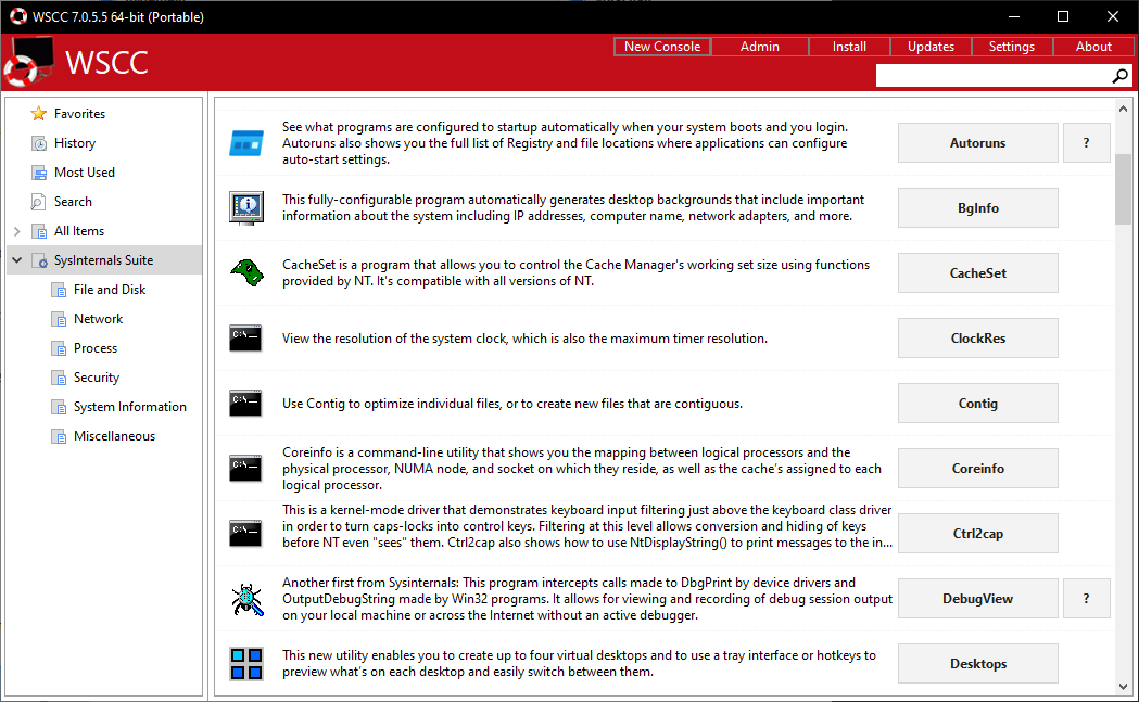 Set up Sysinternals tools conveniently: The Windows System Control Center (WSCC) downloads the tools and provides short descriptions.