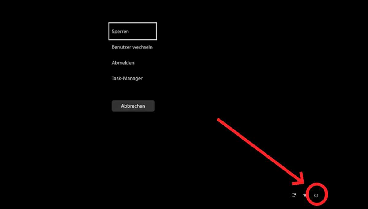 alt=The Windows Ctrl+Alt+Del screen with focus on the power button.