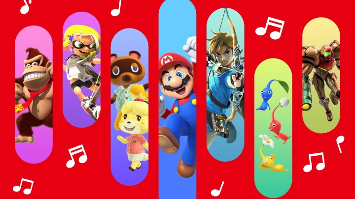 Seven Nintendo characters on a red background with music notes flying around.