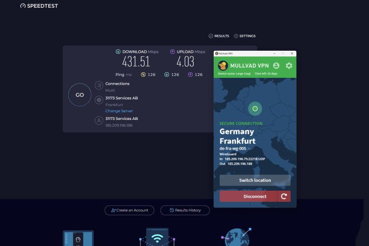 alt text: Speed test results for Mullvad VPN connected to European servers.