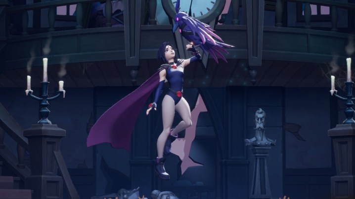 Raven holding a raven while floating off the ground in Multiversus.