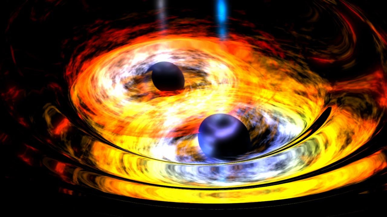 An artist’s depiction of two black holes about to collide.