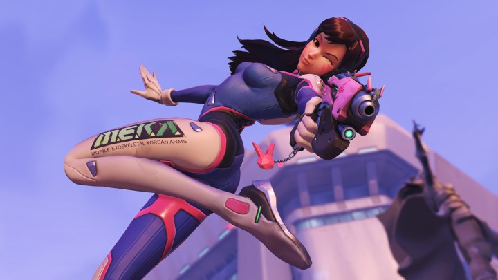 D.Va out of her mech and in the air shooting her gun in Overwatch.