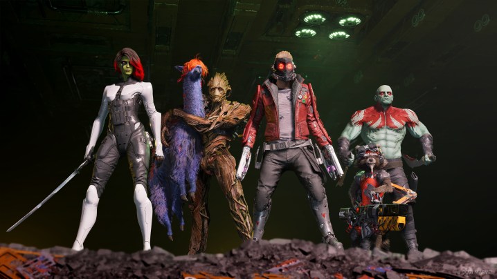 Gamora, Groot, Starlord, Rocket Raccoon, and Drax standing ready to fight. Groot is holding a blue llama.