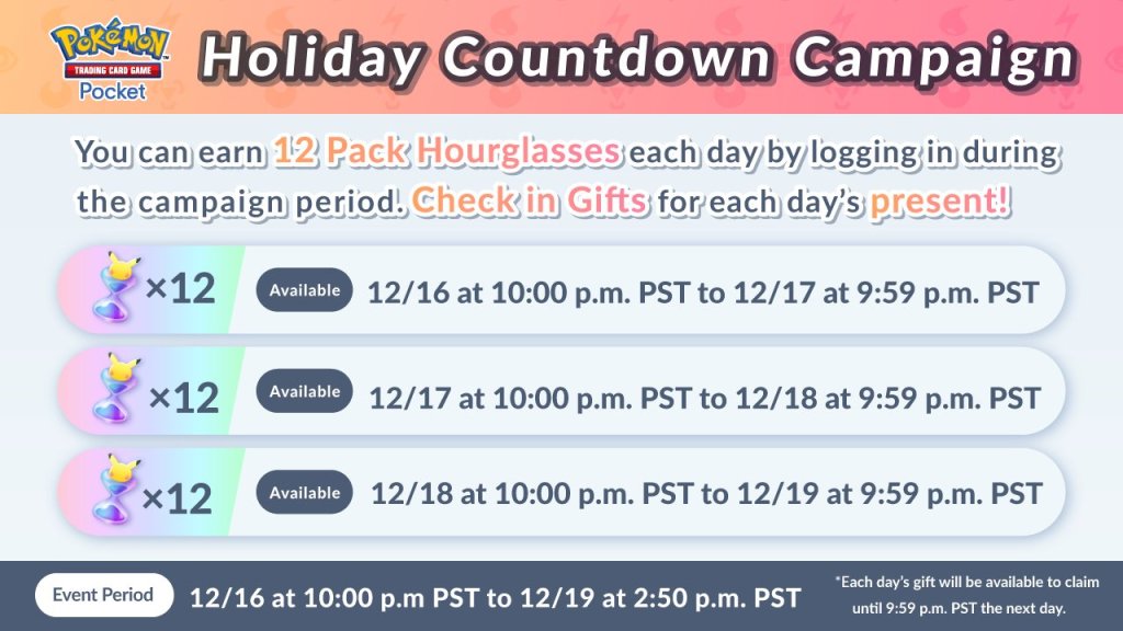 Pokemon TCG Pocket Holiday Countdown Event Offers Free Pack Hourglasses