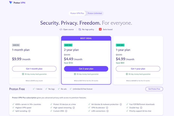 alt text: Proton VPN Plus offers affordable pricing with various subscription lengths.