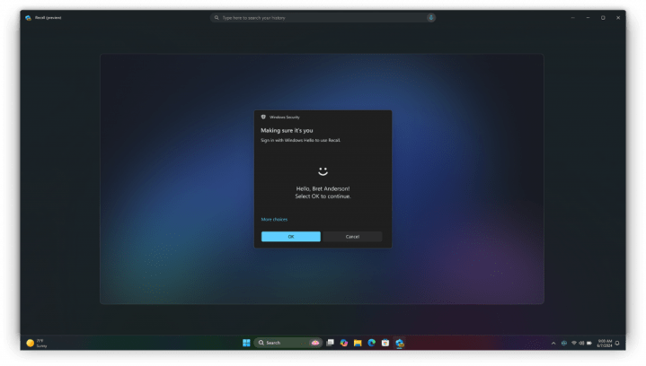 Windows Hello being used to authenticate Recall access.