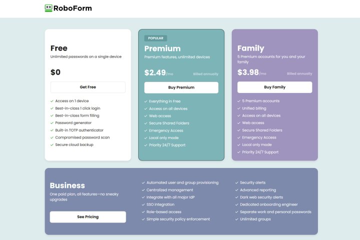 RoboForm offers free and paid plans for individuals and families.