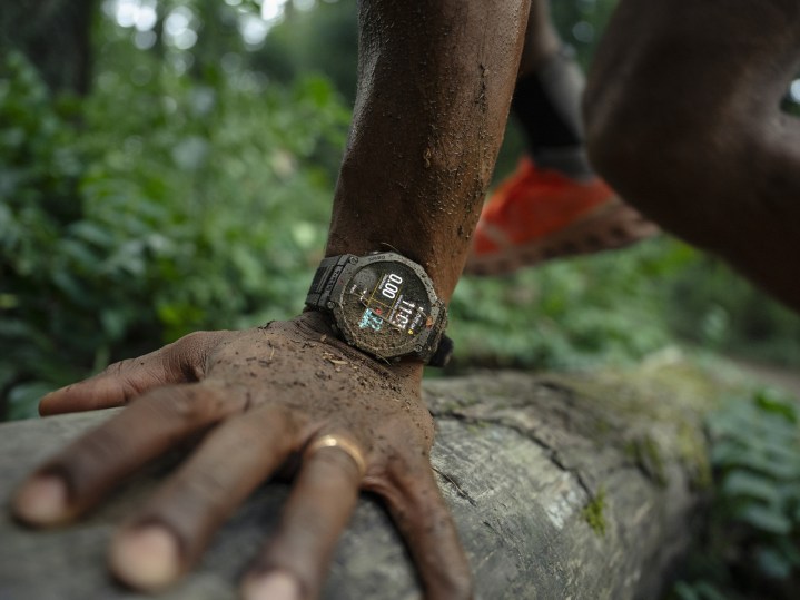 Amazfit T-Rex 3 worn while running on the trail