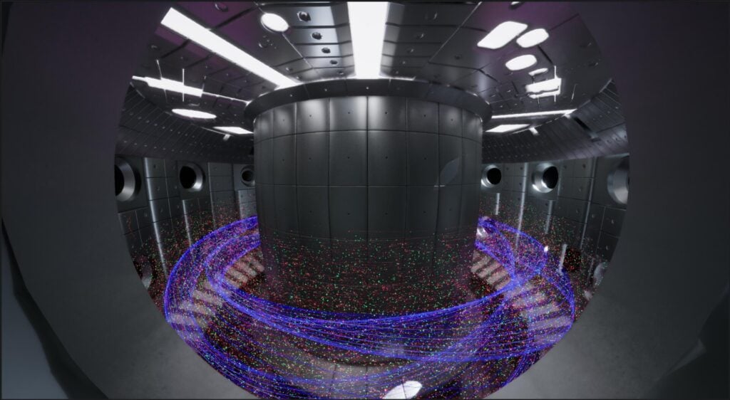 A visualization of nuclear fusion inside a tokamak.