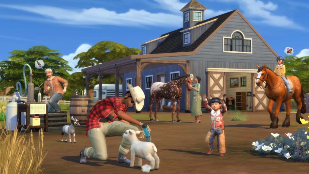 alt=A Sim grooms a baby sheep in the Sims 4 Horse Ranch expansion pack.