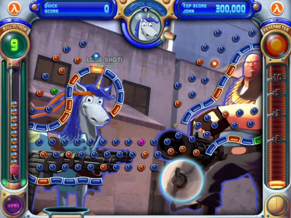 Peggle Extreme screenshot showing the game board with Portal-themed elements.