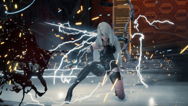 A woman with long white hair and a black outfit that has only one leg covered. She