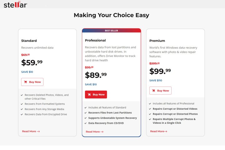 alt text: Stellar Data Recovery offers three consumer subscription tiers.