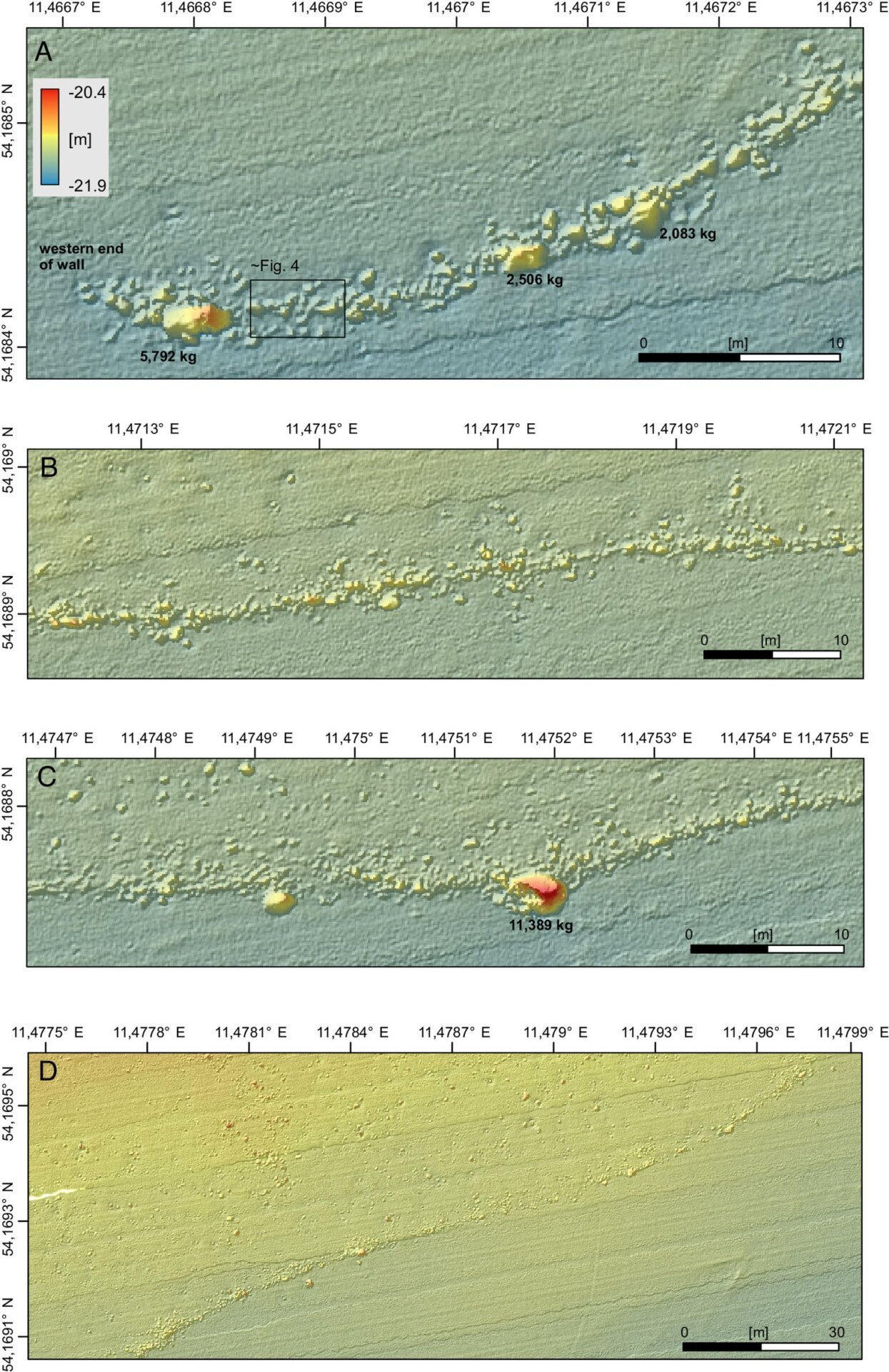 Map showing the overall layout of the submerged Stone Age wall and highlighting the largest rocks.