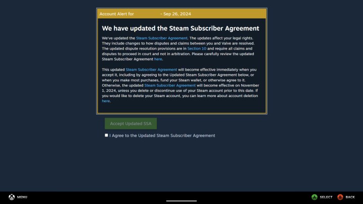 A popup on a Steam screen that says Valve