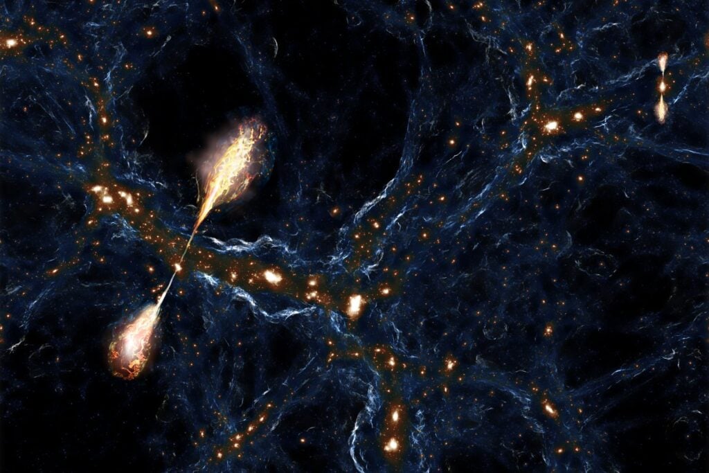 An illustration and digital image showing how these jet systems extend through the cosmic web.