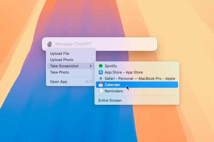 Alt text: The ChatGPT app interface on macOS, displaying the query bar and options for input methods including file uploads and screenshots.