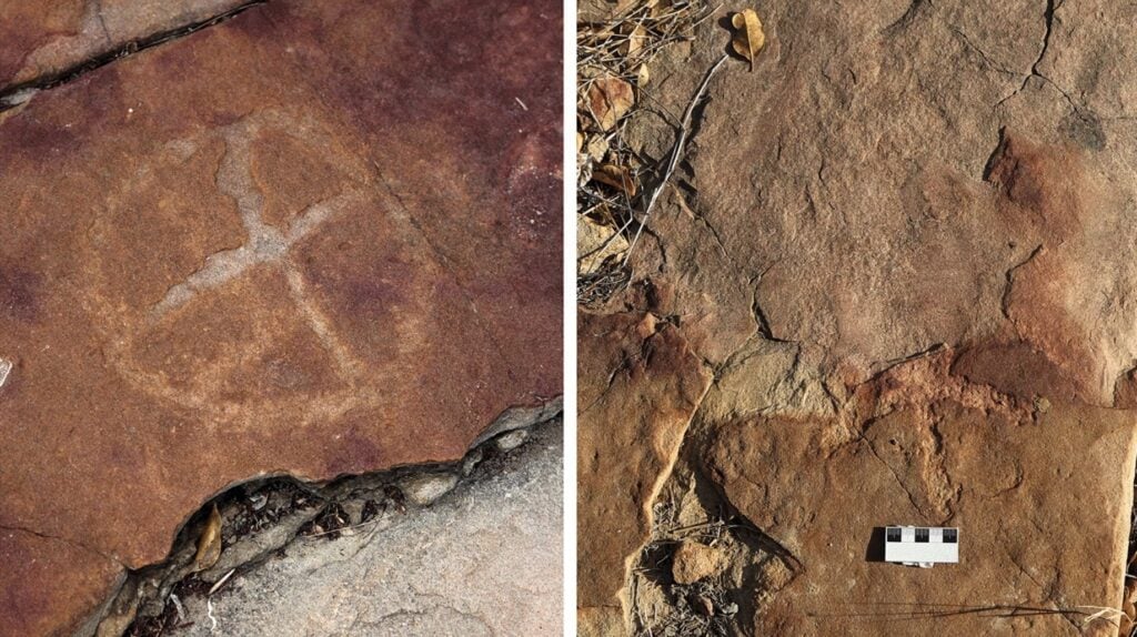 Ancient human sketches found near dinosaur footprints in Brazil.