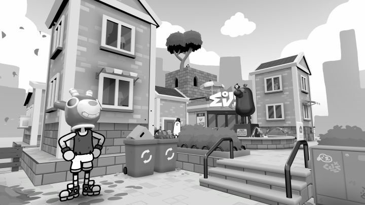 A character poses in a town in Toem 2.