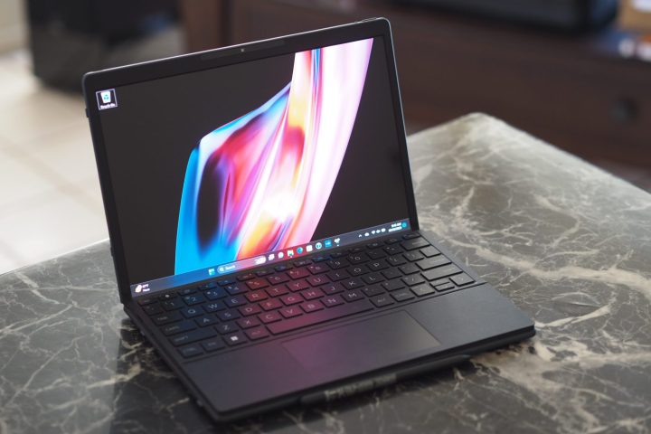 alt: The HP Spectre Foldable PC in a slightly angled front view, showcasing its foldable display and detachable keyboard.