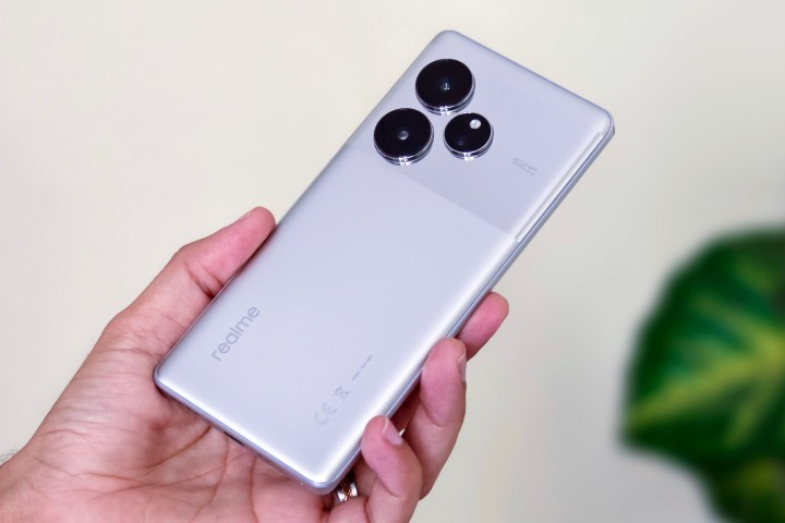 Realme GT 6 Android phone in silver color held in hand in front of a leaf and an off-white wall.