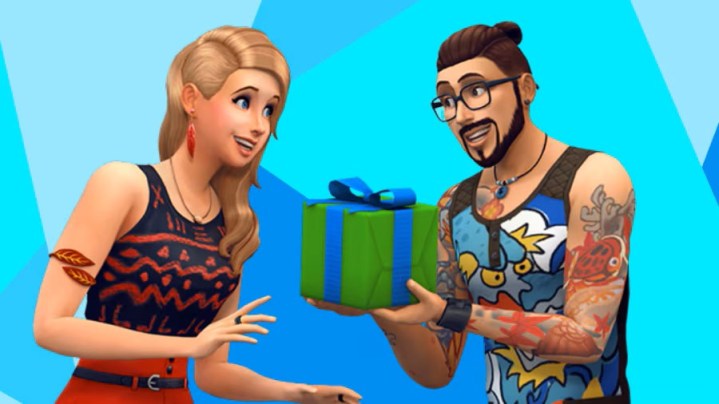 Two Sims standing in front of a blue background. One is gifting a present to the other.