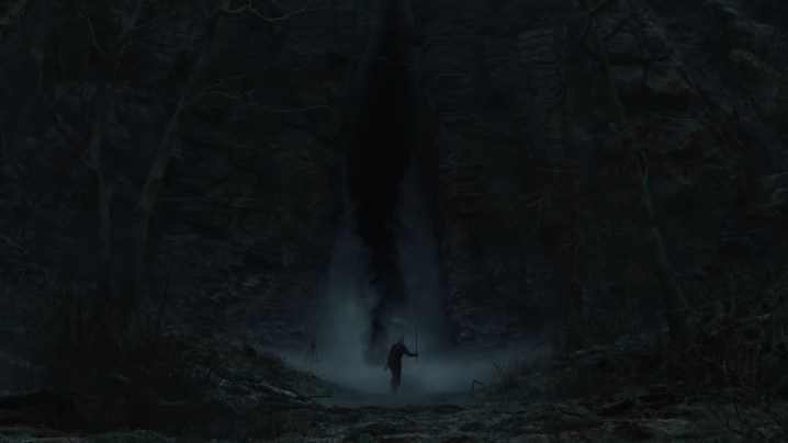 Ciri entering a dark shadowy cave in The Witcher 4.