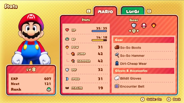 The stat screen in Mario & Luigi: Bowser's Inside Story.