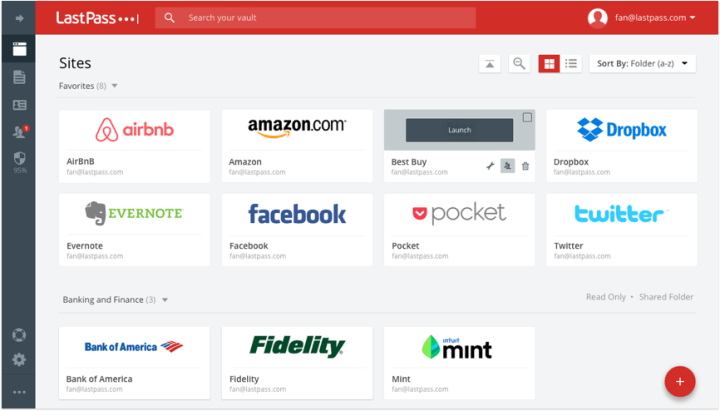 LastPass app screenshot showing various password-secured online accounts. Accounts appear to be organized by categories like 