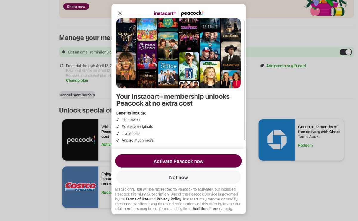 Activating free Peacock via Instacart+