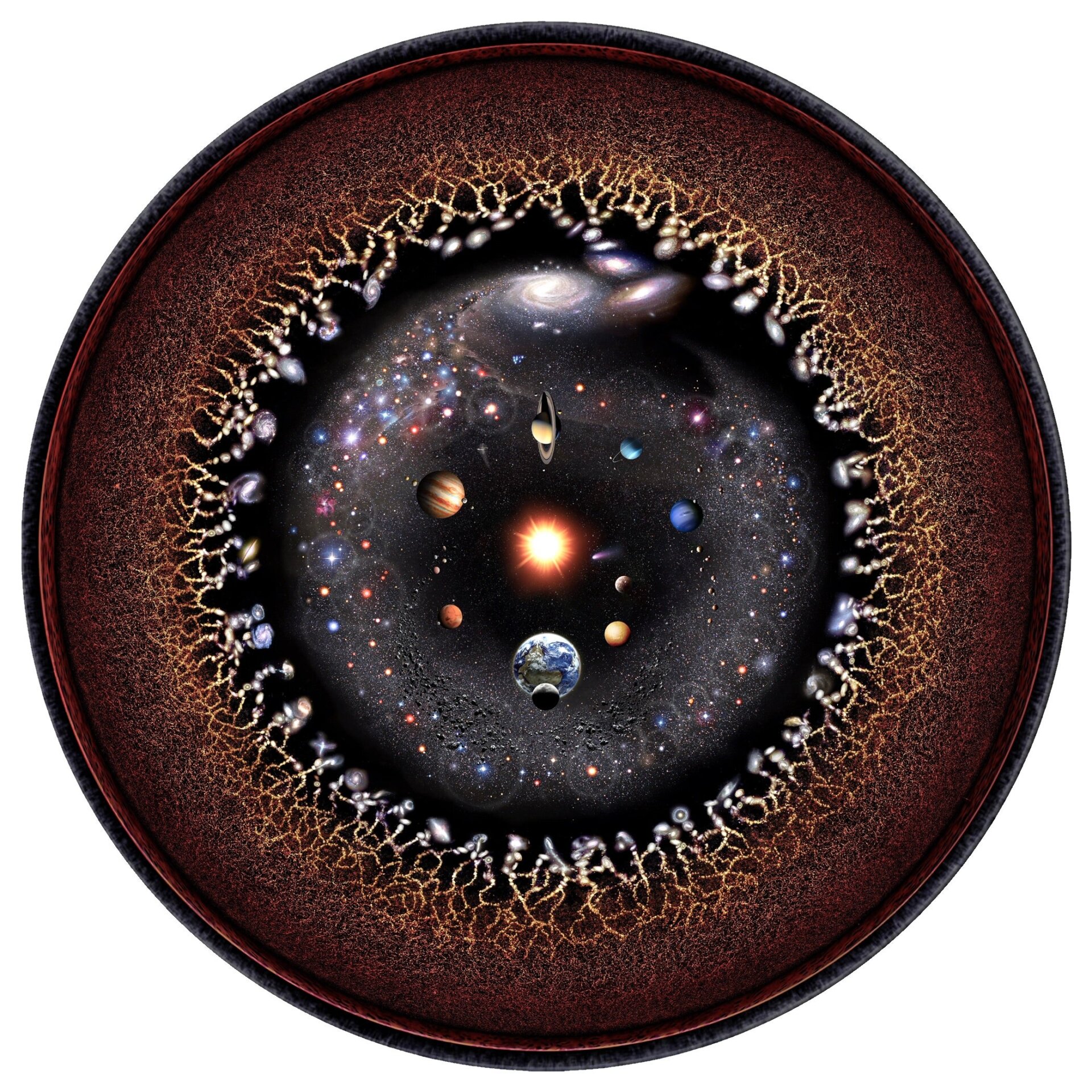 An illustration of the observable universe, with the Sun at center, and the cosmic microwave background surrounding it.