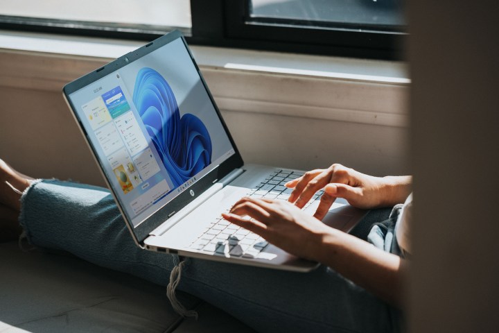 Person sitting and using an HP computer with Windows 11.