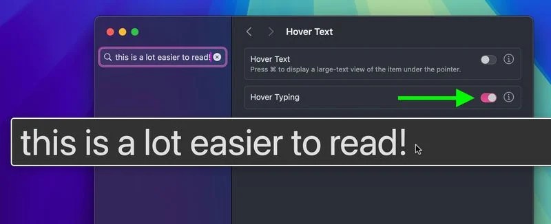 A screenshot of Hover Text, courtesy of MacRumors.