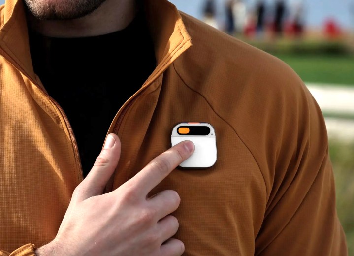 alt text: A close-up view of the Humane AI Pin attached to clothing.