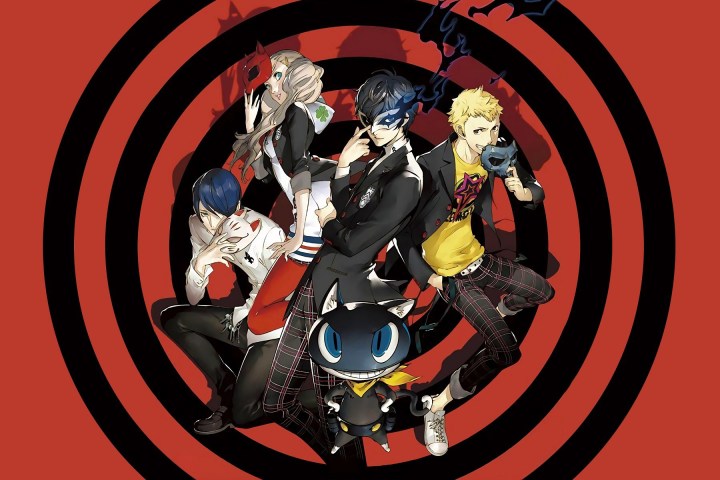 The Phantom Thieves from Persona 5 on a spiral background.