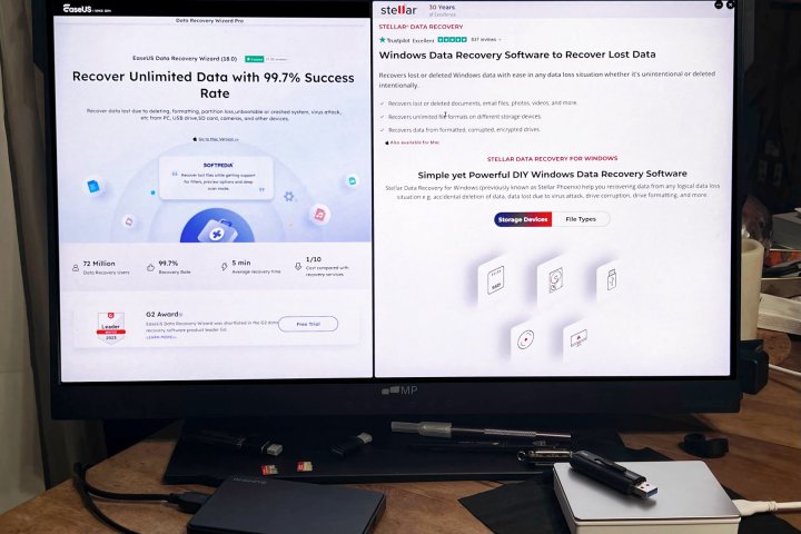 A photo shows EaseUS Data Recovery Wizard Pro and Stellar Data Recovery Premium side-by-side on a PC monitor.