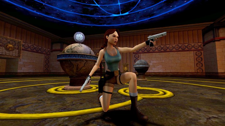 Lara Croft down on one knee double wielding pistols in The Last Revelation.