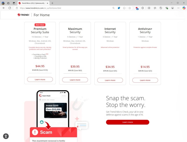 Trend Micro offers four security tiers, all with affordable prices.