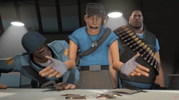 alt text: A surprised Scout from Team Fortress 2 standing on a table with Heavy and Soldier behind him.