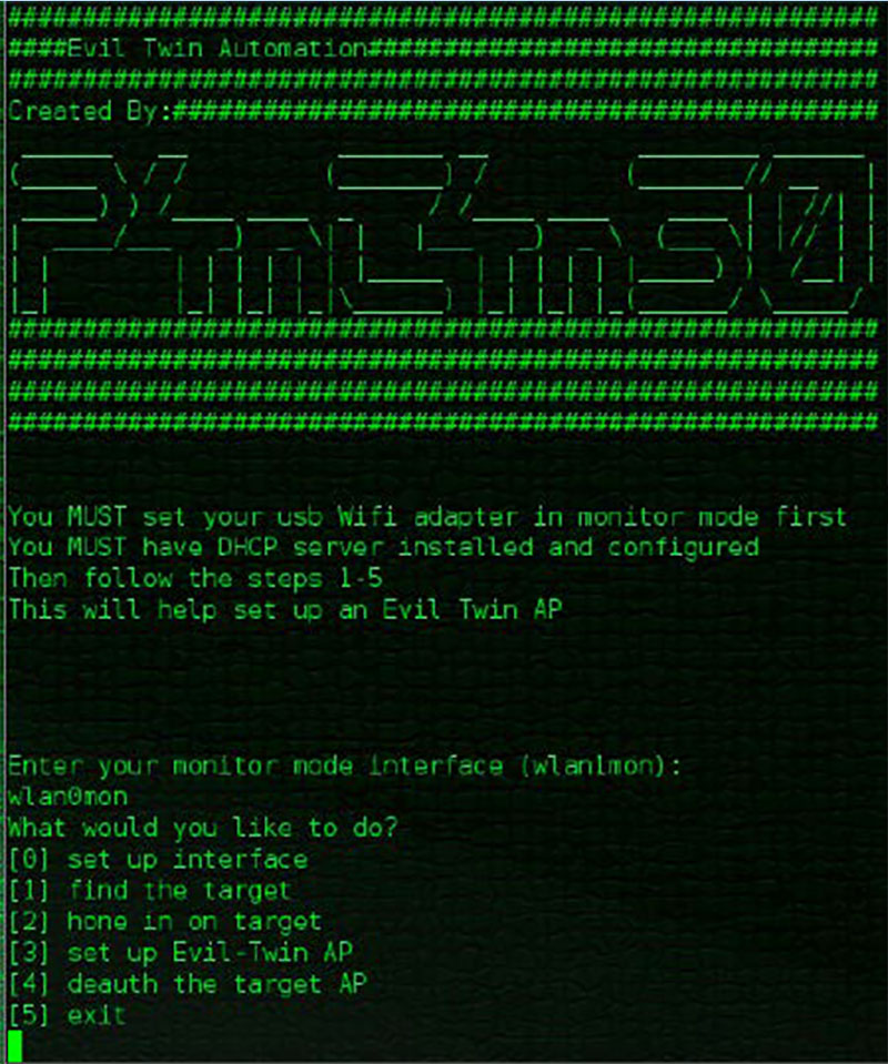 This is an old script that can be used to set up an Evil Twin, a malicious Wi-Fi network mimicking a legitimate one.