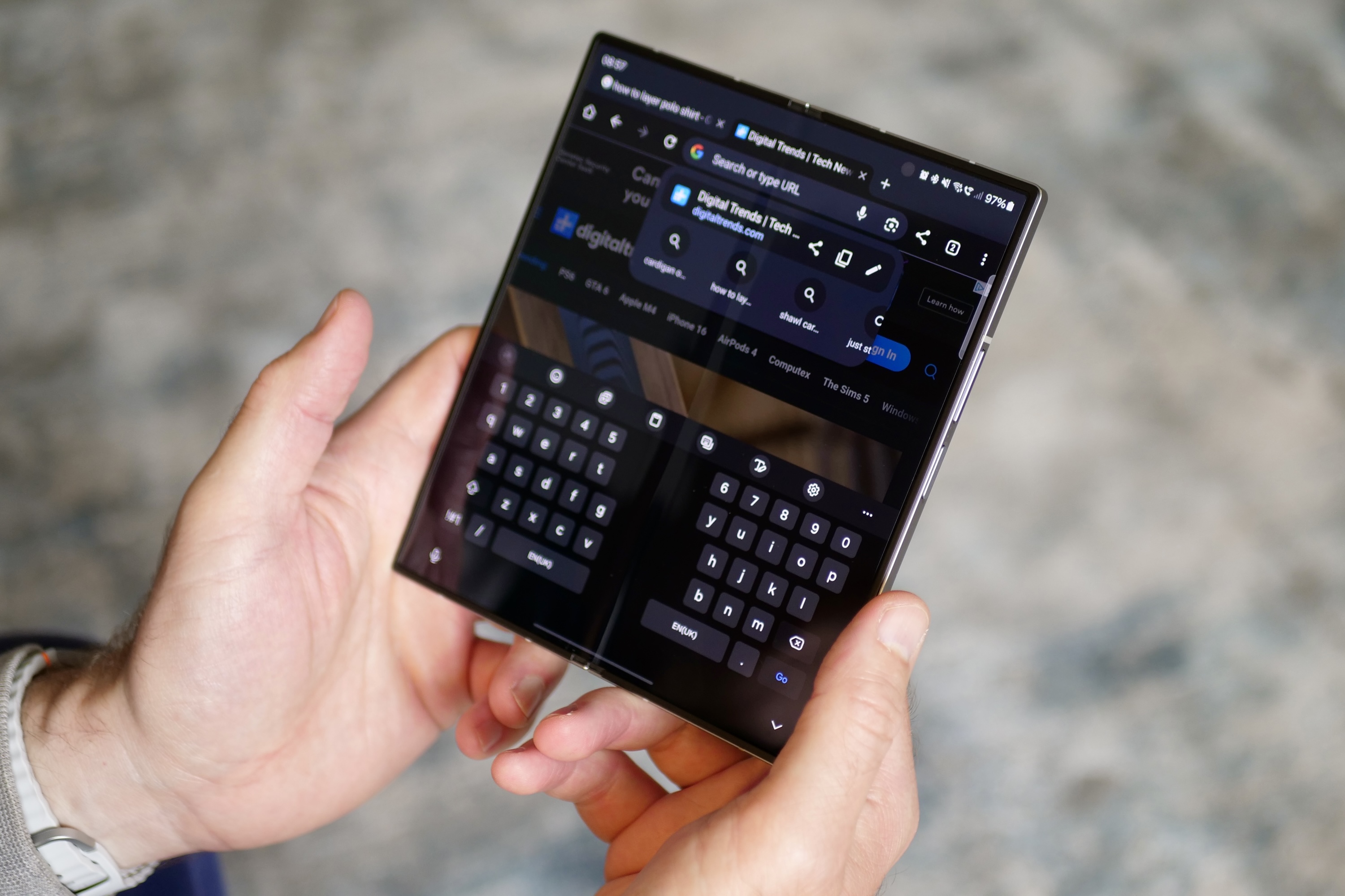 The split Samsung keyboard on the open Samsung Galaxy Z Fold 6.