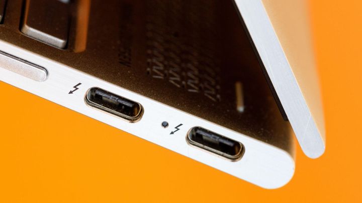 Close-up of a Thunderbolt 4 port on a laptop.