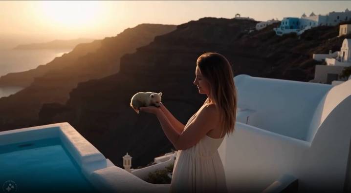 A lady holding a pocket-sized bear on a deck overlooking the ocean