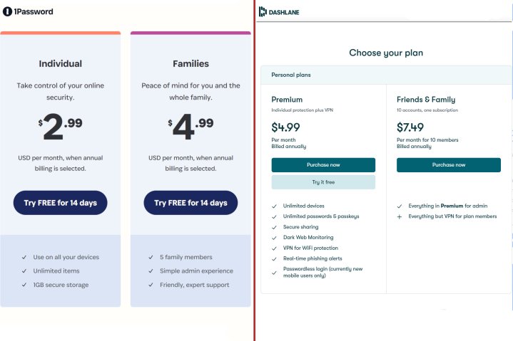 A side-by-side comparison of 1Password and Dashlane pricing.