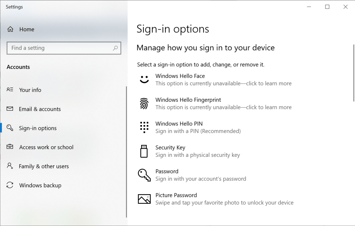 The Sign -in options in Windows 10.