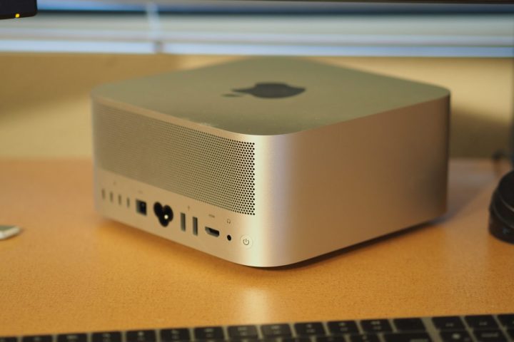 alt text: An angled top-down view of the Apple Mac Studio, showcasing its side and rear ports.