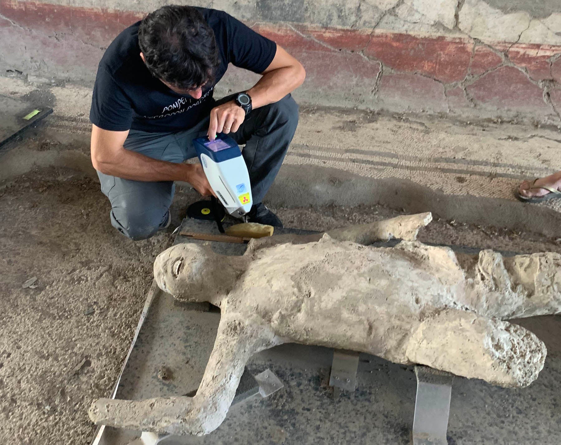 A member of the research team analyzes a Pompeii cast with pXRF.